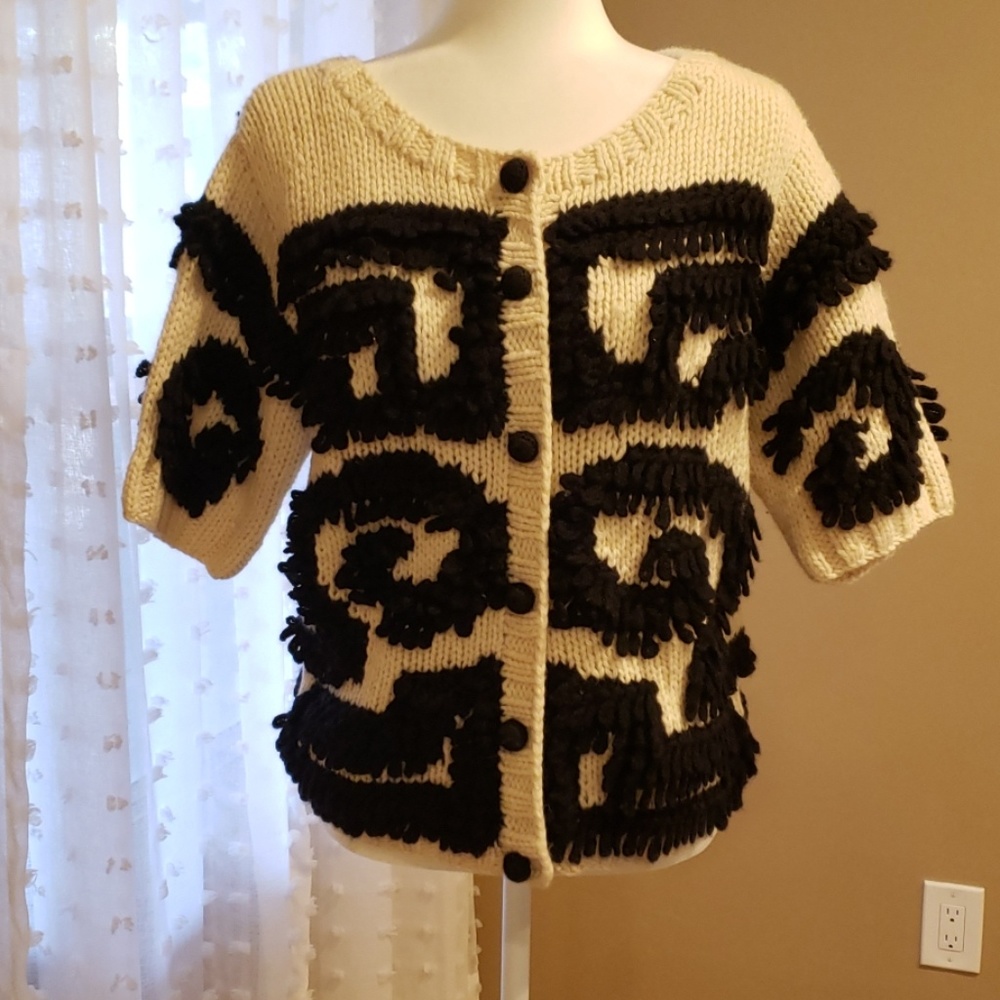 Anthropologie Wool Fringe Short Sleeve Cardigan Sweater Medium
